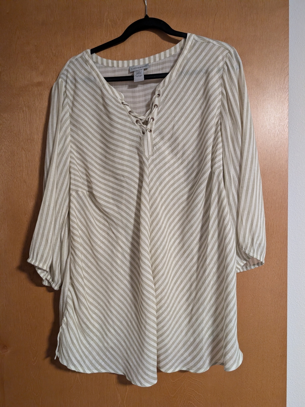 Catherines Striped Lace-Up Tunic Top - Cream & Beige/Olive 18/20